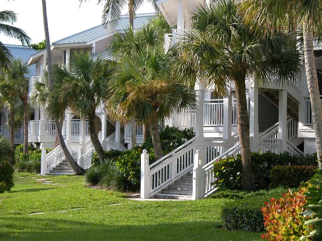 Cottages surrounded by palms and tropical landscaping